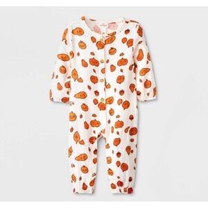 Nwt gauze long sleeve pumpkin autumn fall thanksgiving‎ romper jumper 6-9 months